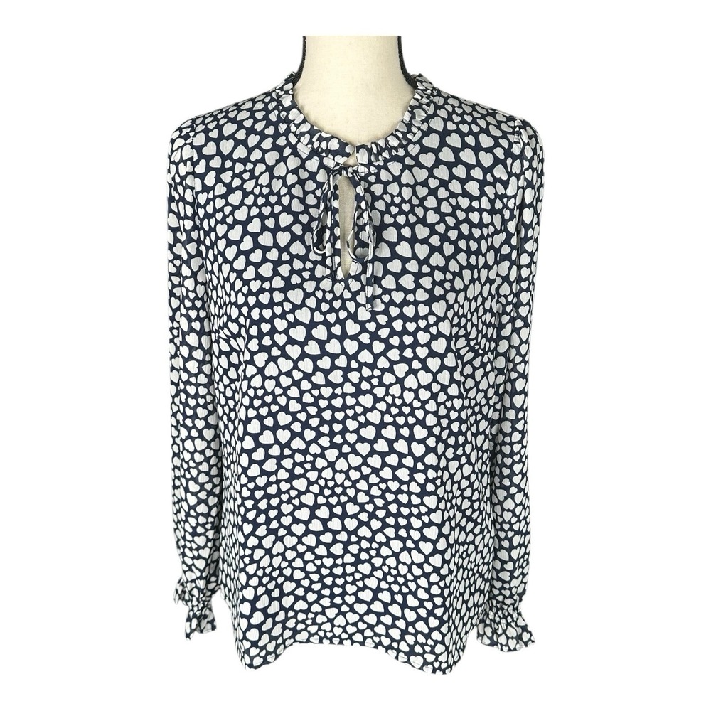 J.CREW Womens Size M White Navy Blue Pintuck Heart Print Popover‎ Blouse Top